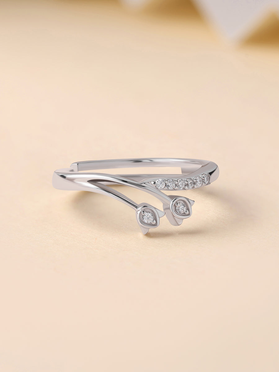 925 Silver American Diamond Tulip Adjustable Ring for Women