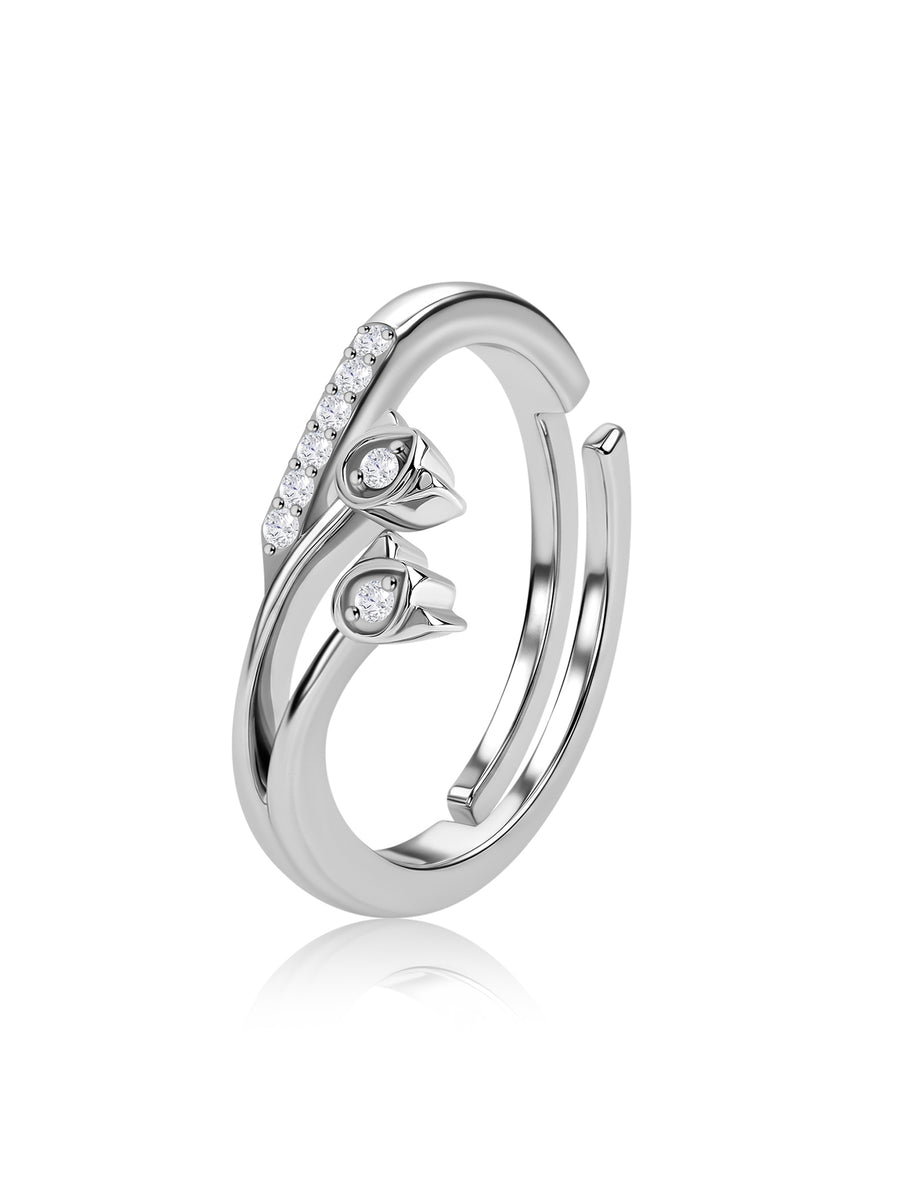 925 Silver American Diamond Tulip Adjustable Ring for Women