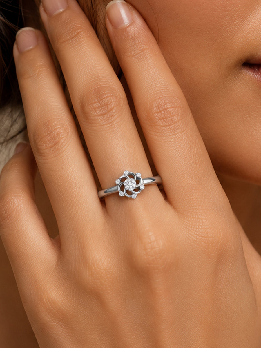 925 Silver American Diamond Pinwheel Adjustable Ring for Women