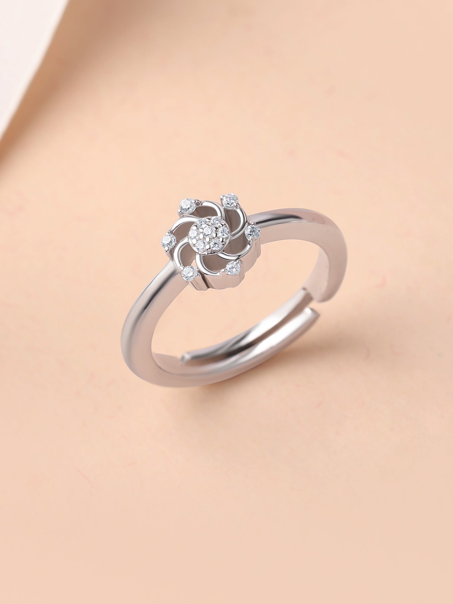 925 Silver American Diamond Pinwheel Adjustable Ring for Women