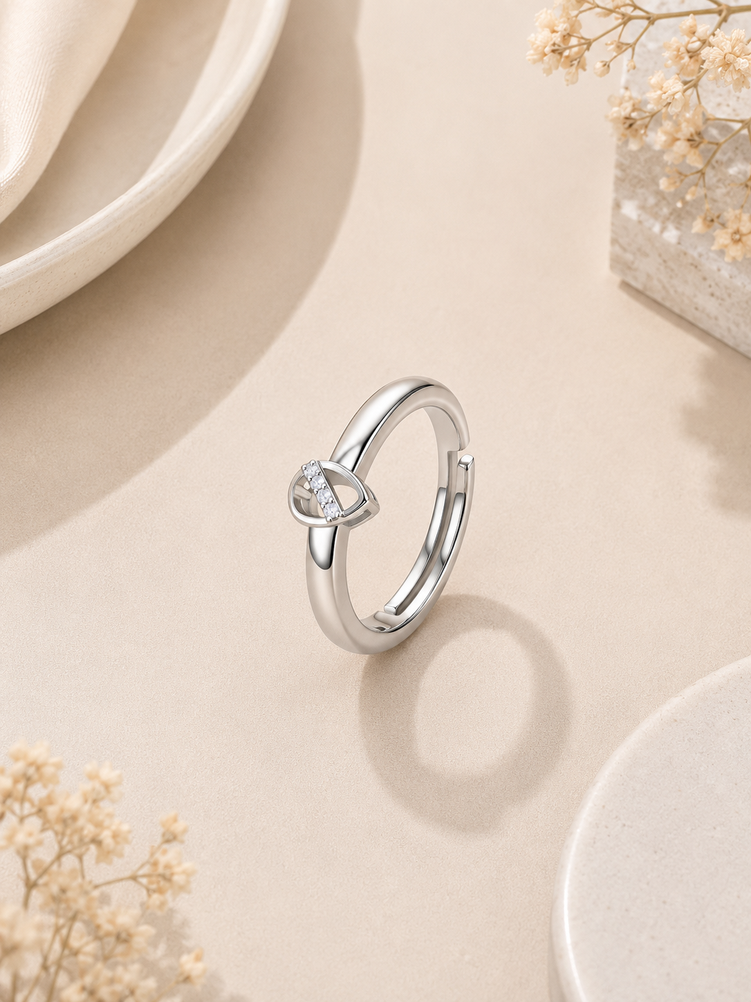 925 Silver American Diamond Teardrop Adjustable Ring for Women