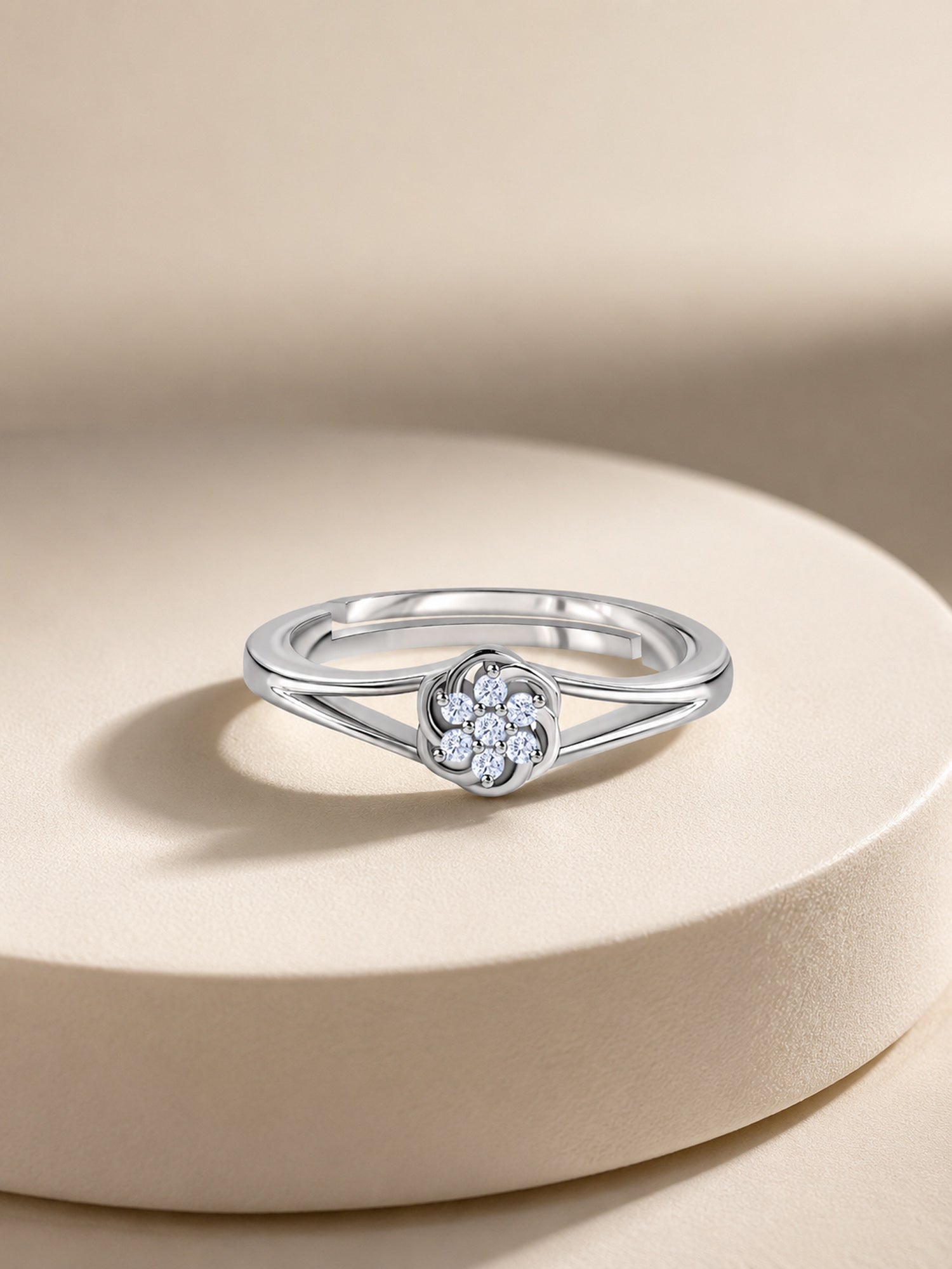 925 Silver American Diamond Rosette Adjustable Ring for Women