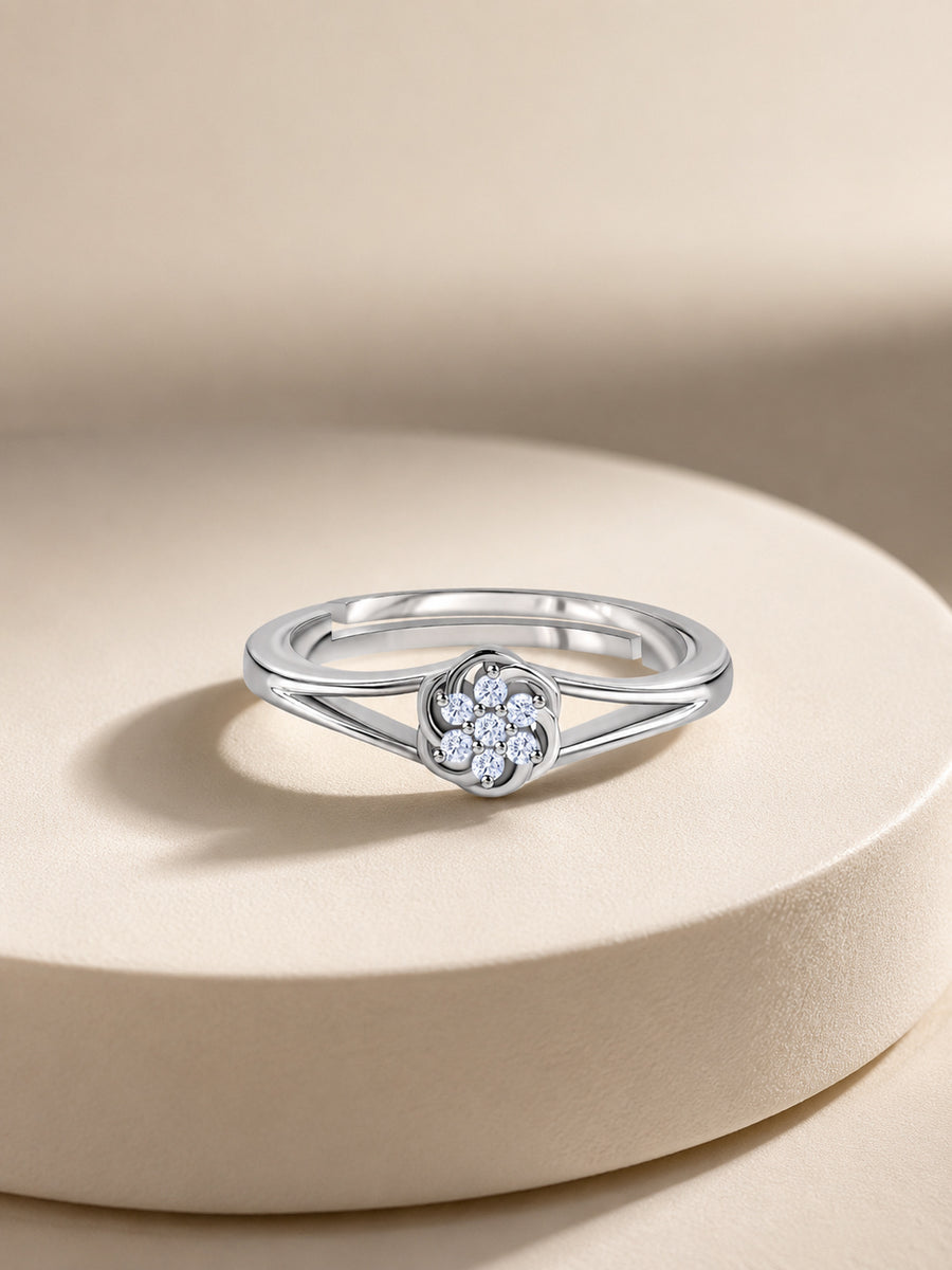 925 Silver American Diamond Rosette Adjustable Ring for Women