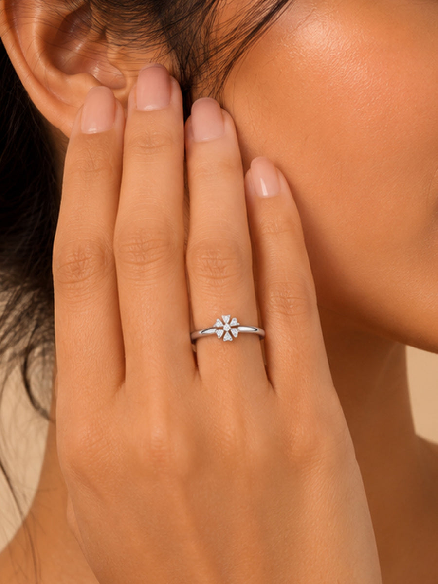 925 Silver American Diamond Clover Adjustable Ring for Women