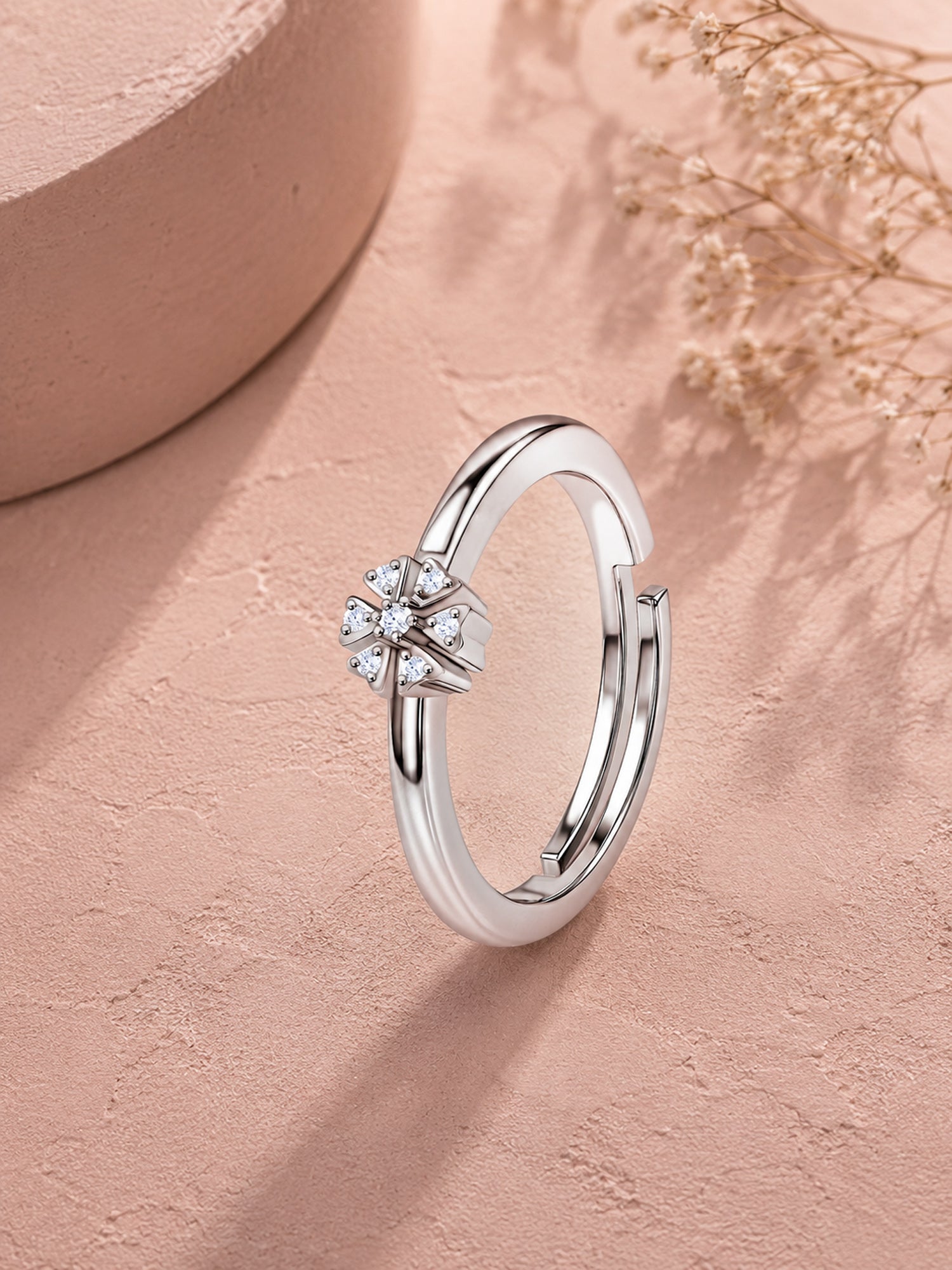 925 Silver American Diamond Clover Adjustable Ring for Women