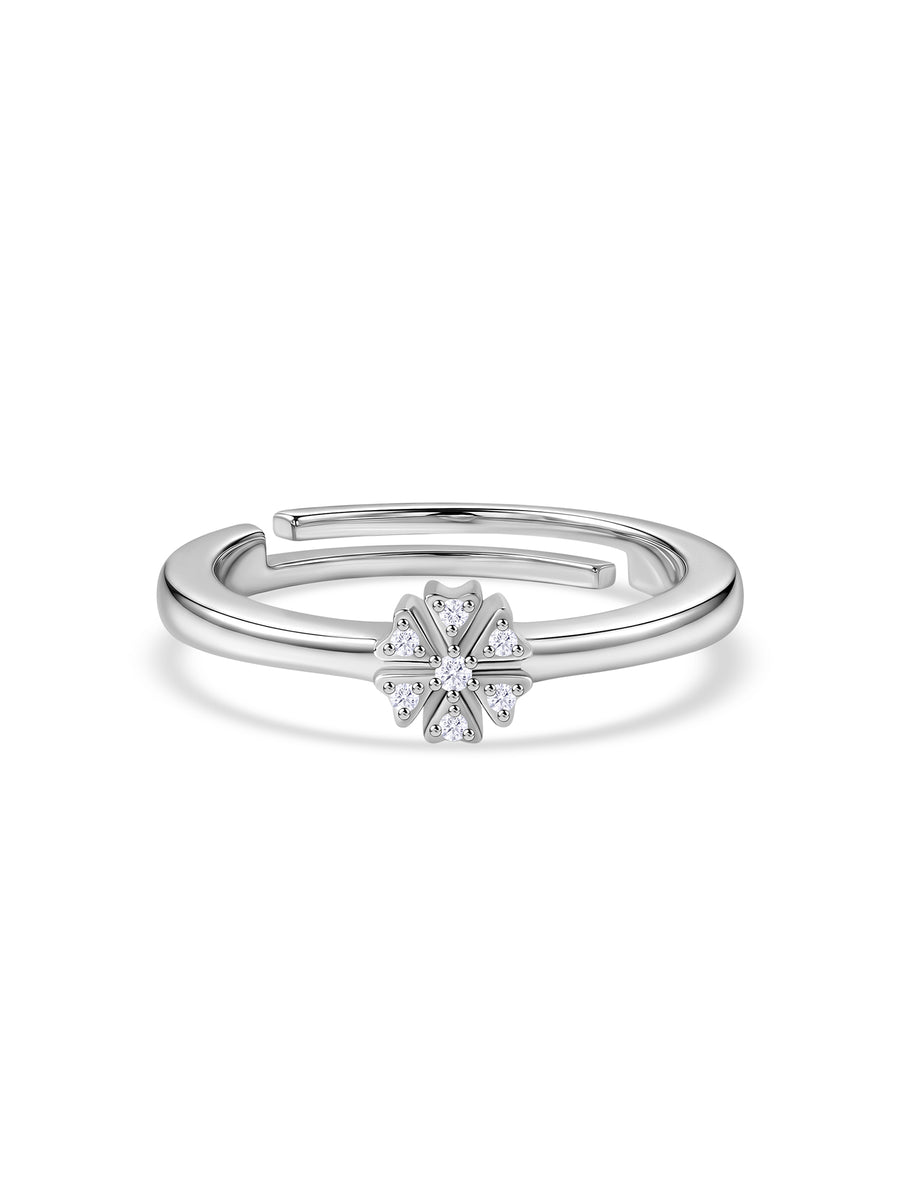 925 Silver American Diamond Clover Adjustable Ring for Women