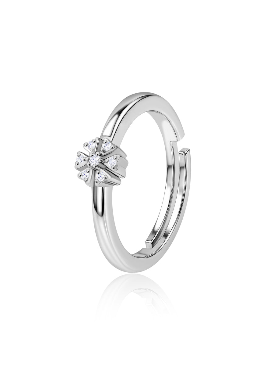 925 Silver American Diamond Clover Adjustable Ring for Women