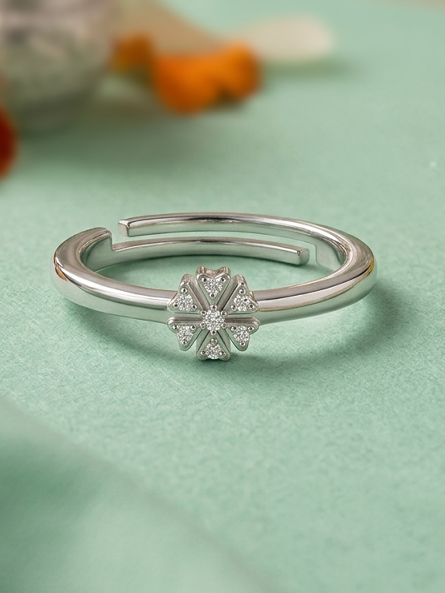 925 Silver American Diamond Clover Adjustable Ring for Women