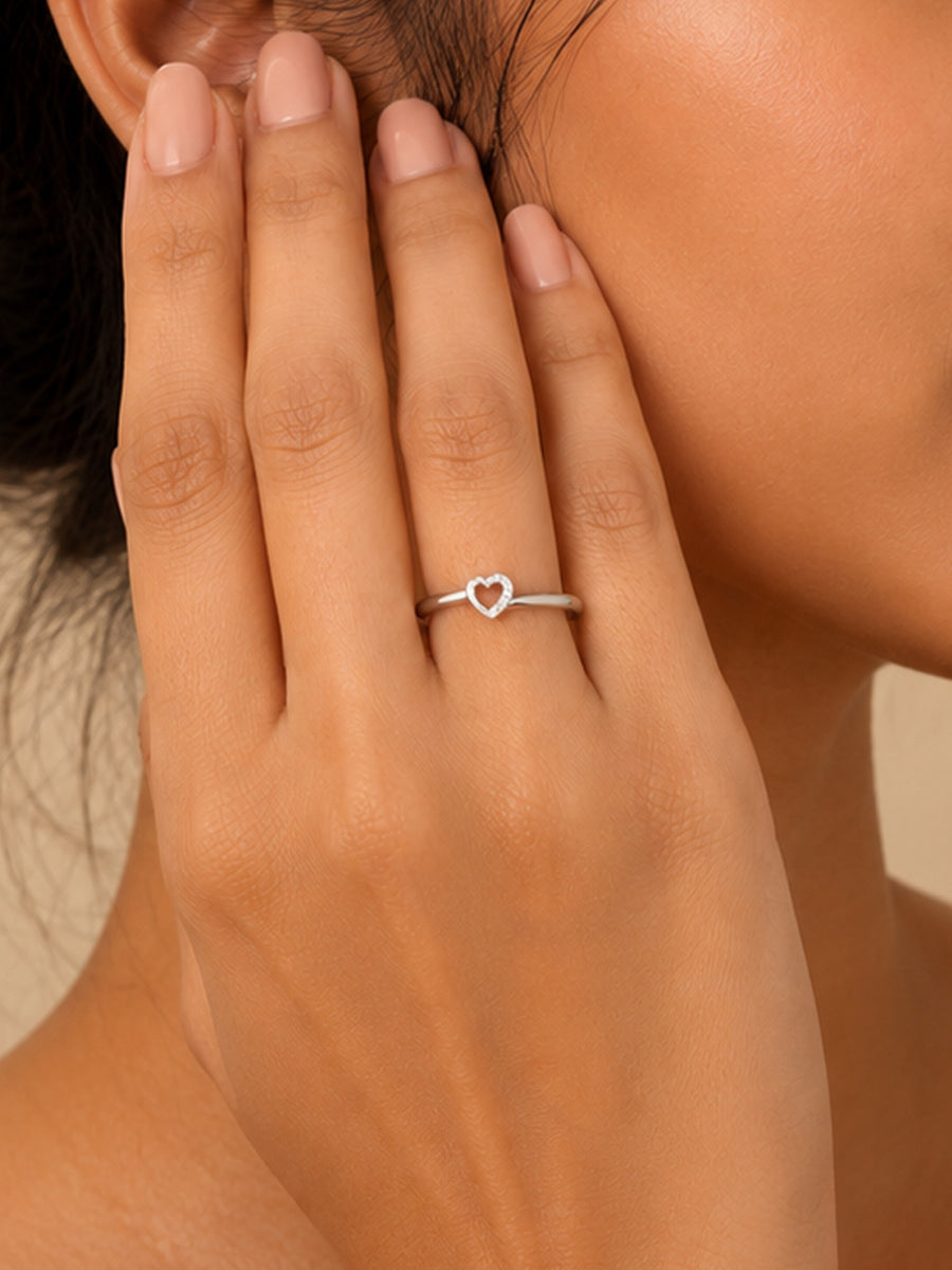 925 Silver American Diamond Heart Adjustable Ring for Women