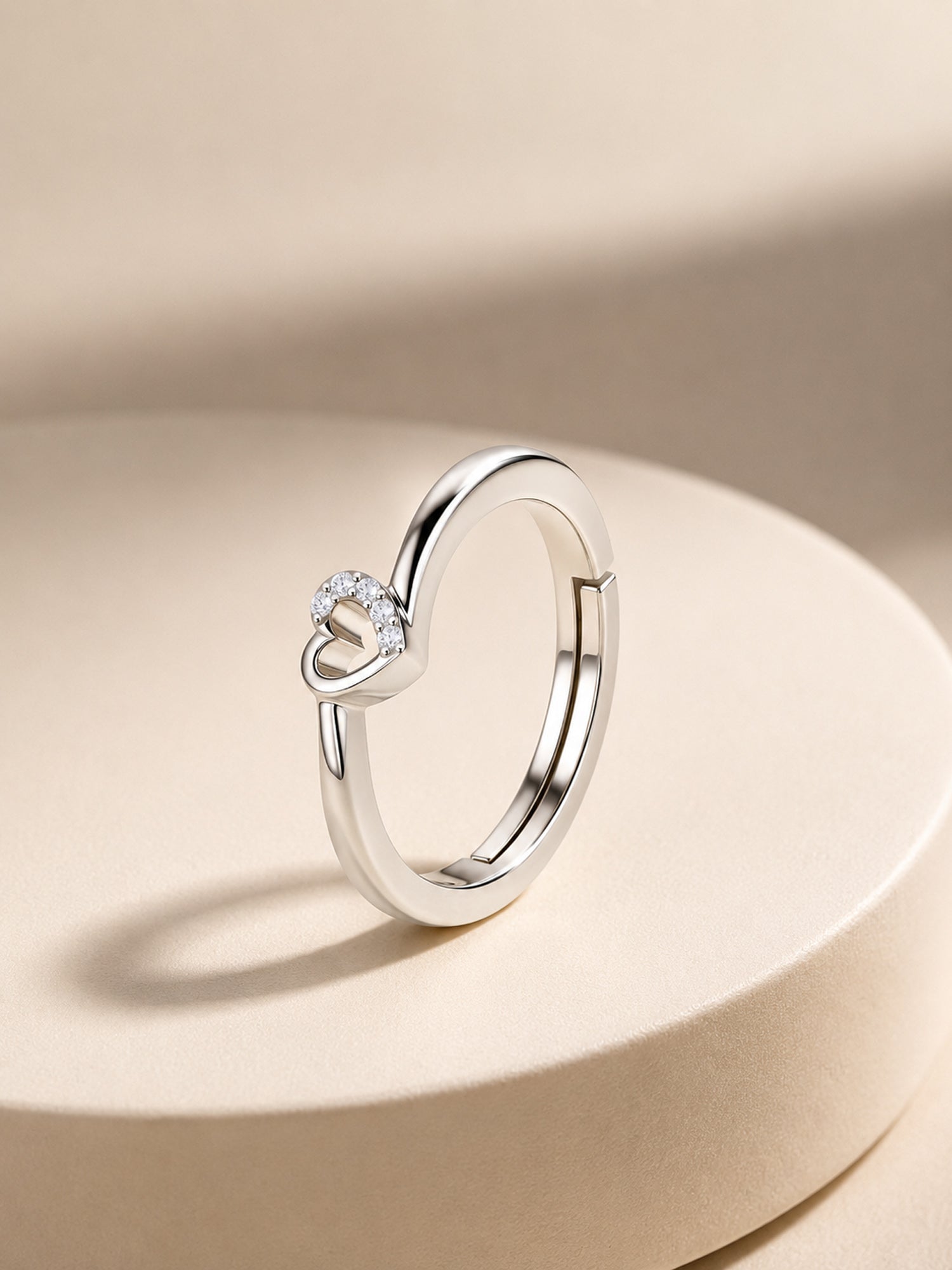 925 Silver American Diamond Heart Adjustable Ring for Women