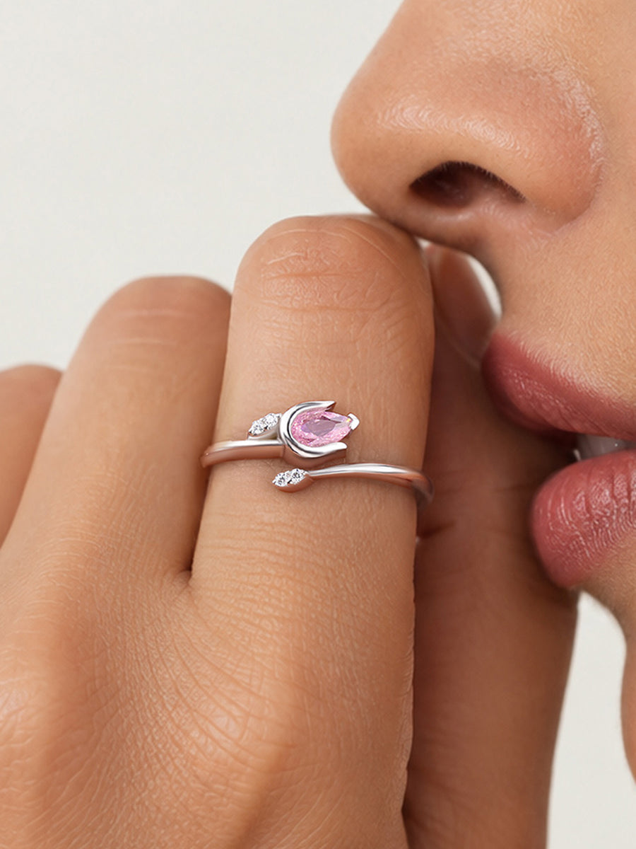 Tulip Pink CZ Stone Silver Ring for Women