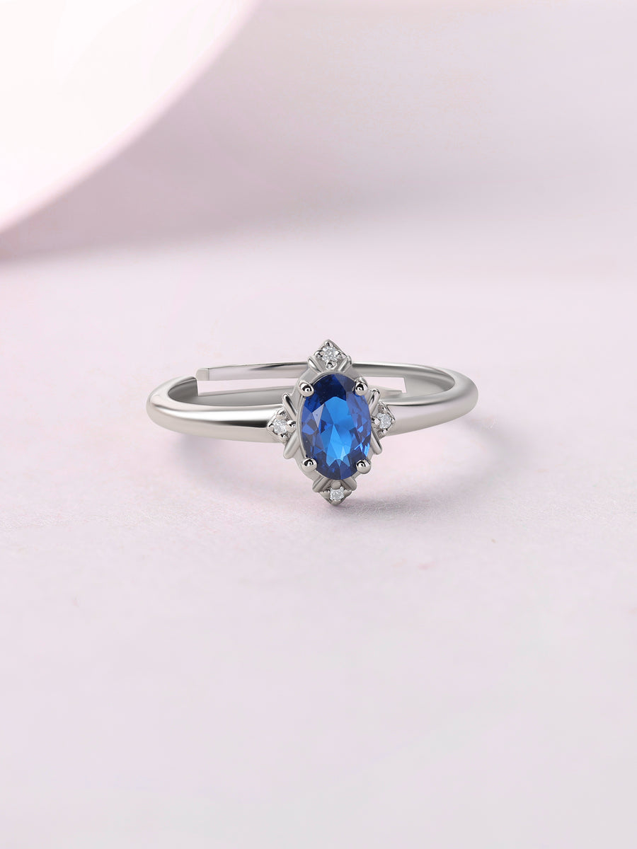 Vintage Halo Blue Sapphire CZ Silver Adjustable Ring for Women
