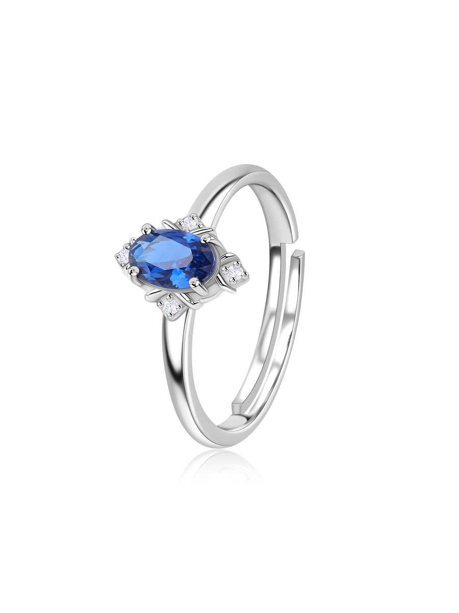 Vintage Halo Blue Sapphire CZ Silver Adjustable Ring for Women