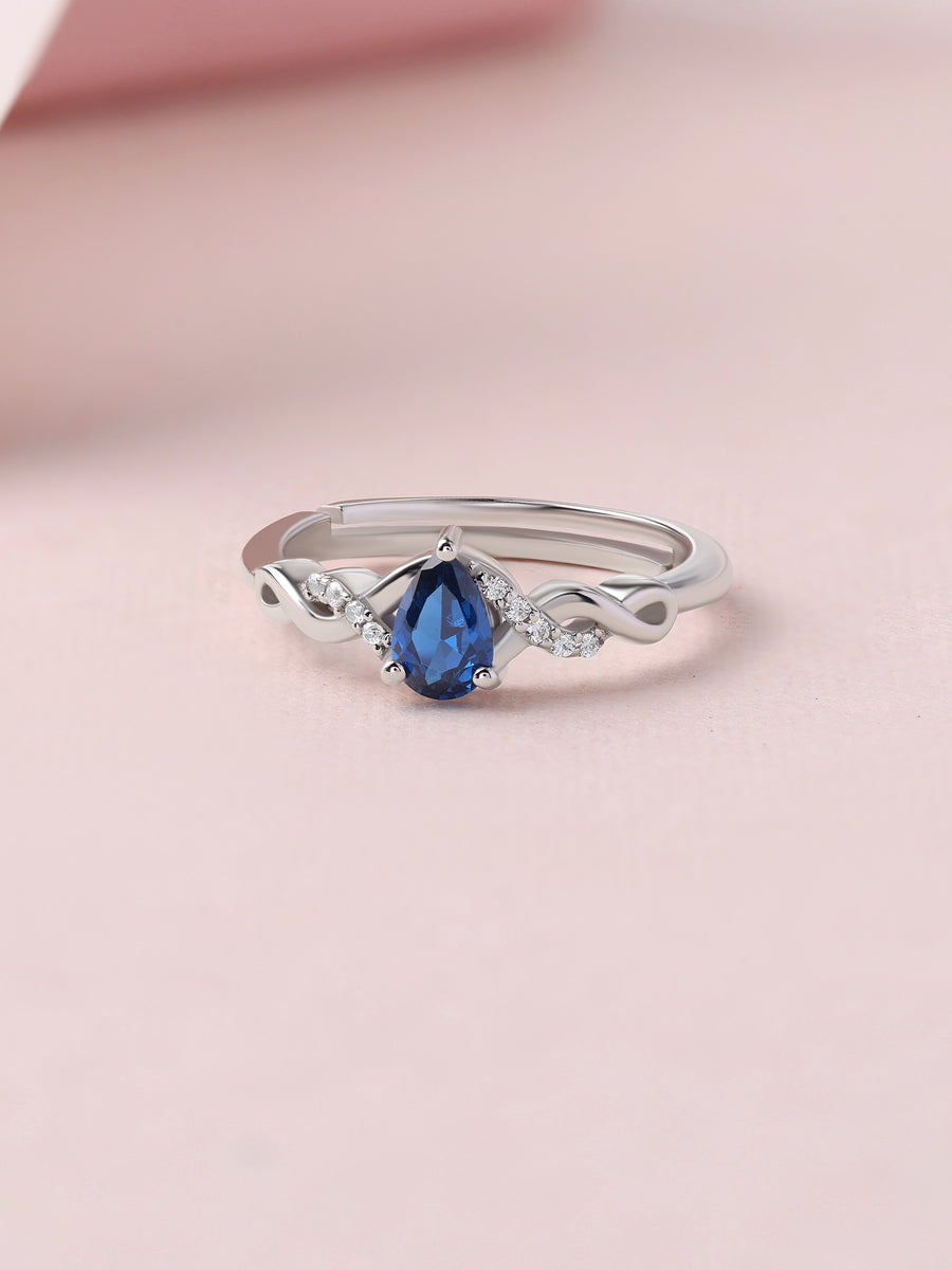 Infinity Twist Blue Sapphire CZ Silver Adjustable Ring for Women