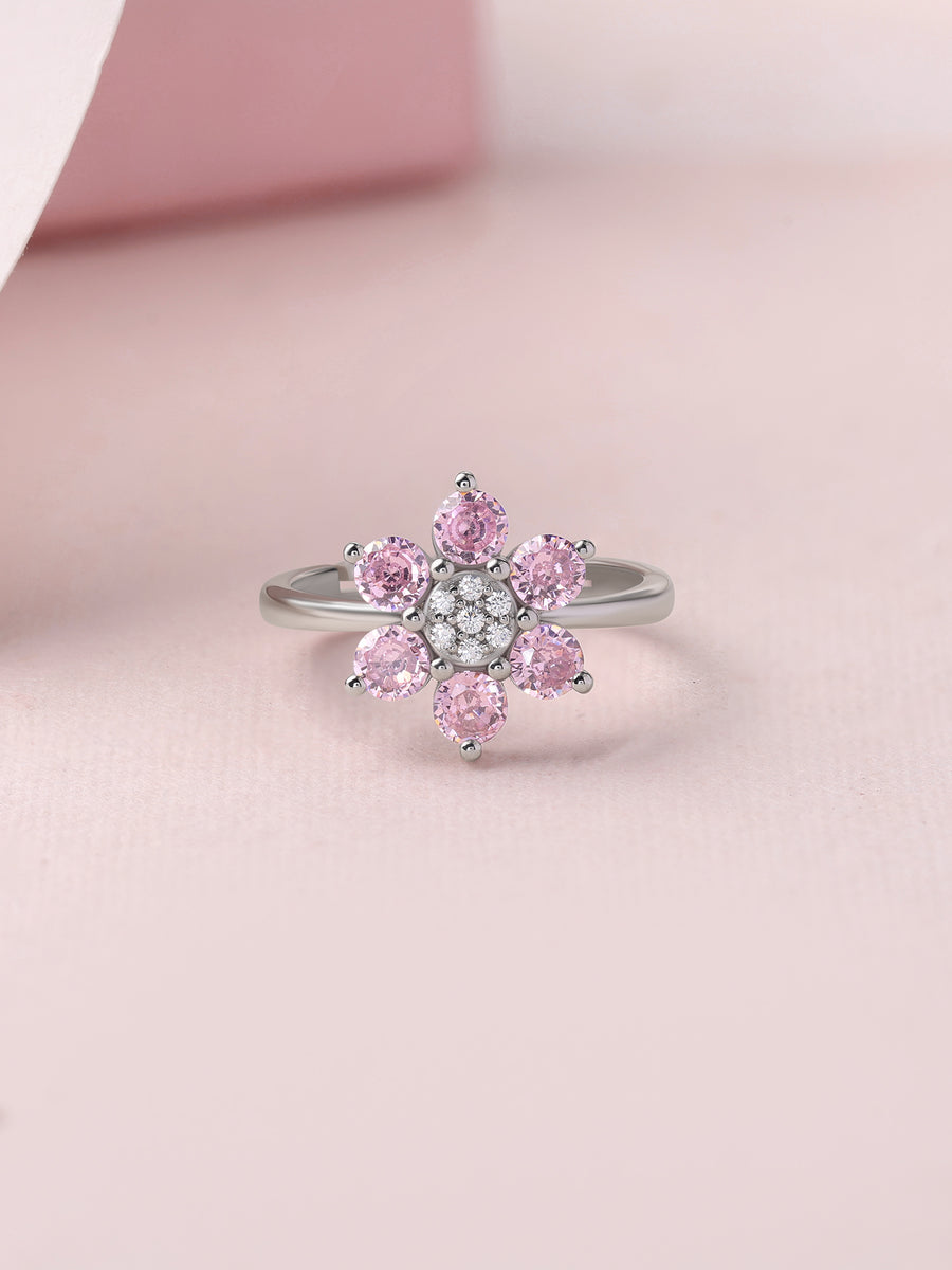 Flower Cluster Pink CZ Silver Adjustable Ring for Women