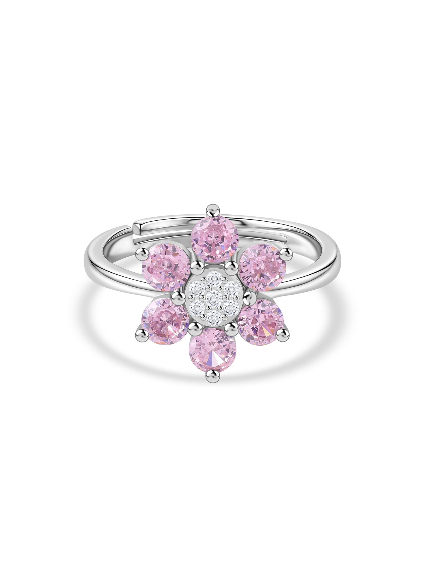 Flower Cluster Pink CZ Silver Adjustable Ring for Women