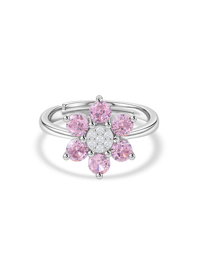 Flower Cluster Pink CZ Silver Adjustable Ring for Women