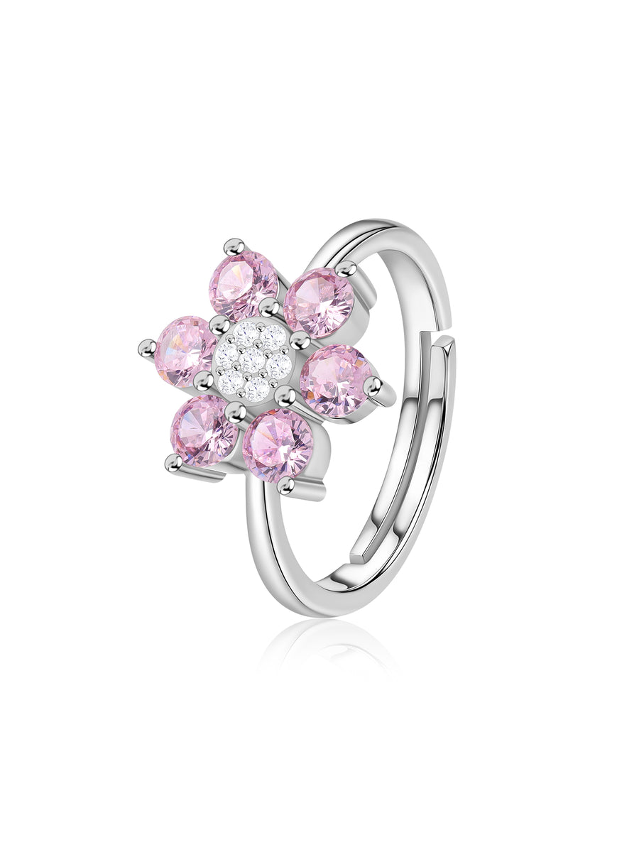 Flower Cluster Pink CZ Silver Adjustable Ring for Women