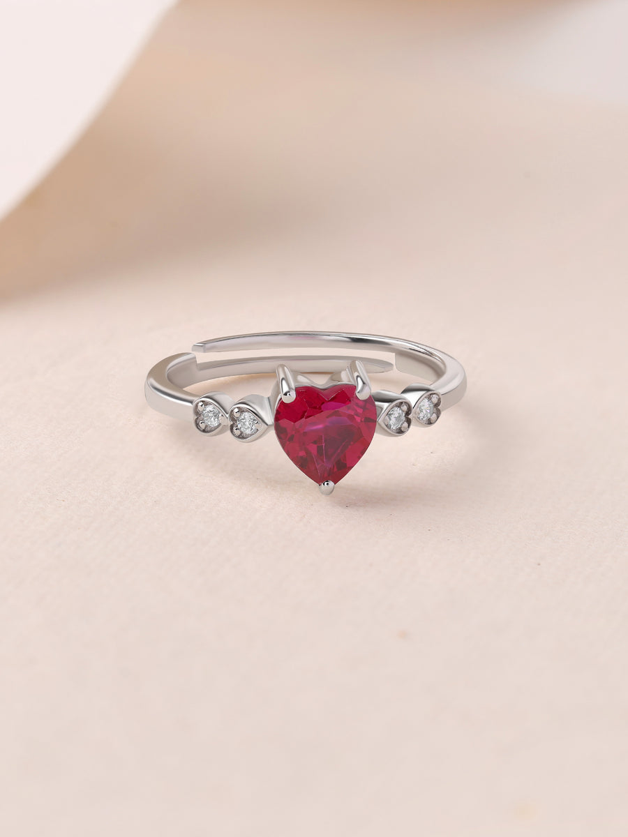 Red Ruby CZ Silver Heart Adjustable Ring for Women