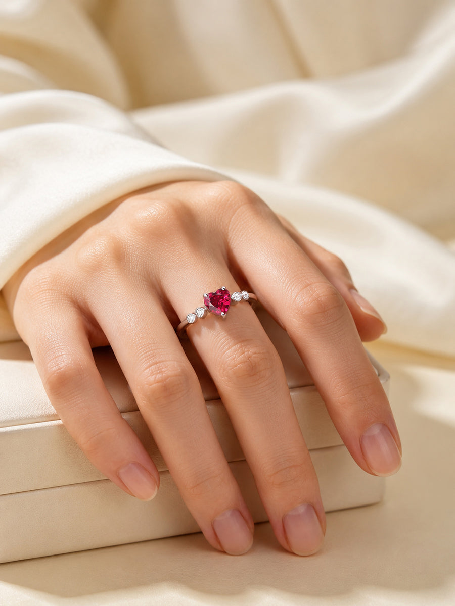 Red Ruby CZ Silver Heart Adjustable Ring for Women