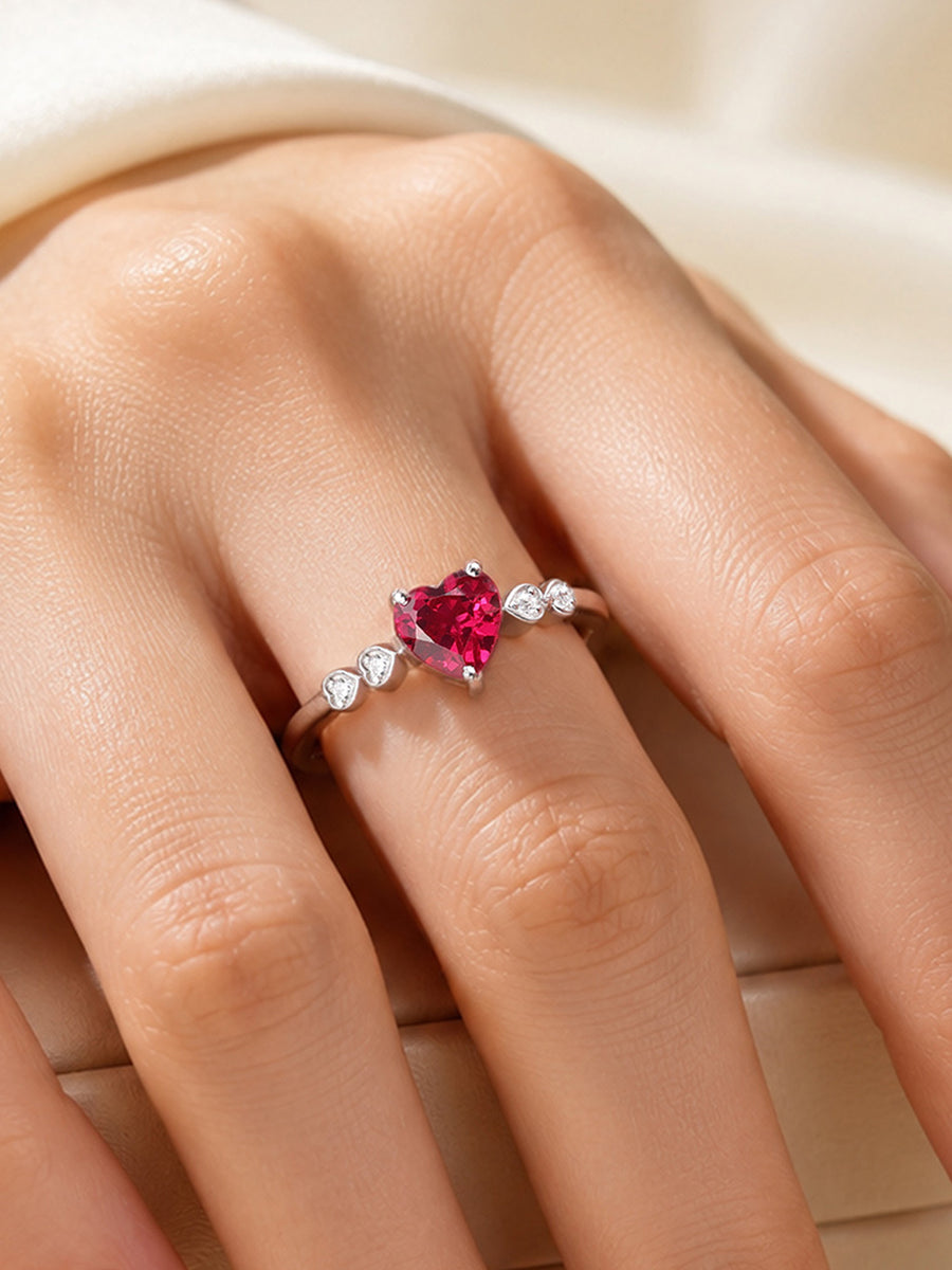 Red Ruby CZ Silver Heart Adjustable Ring for Women