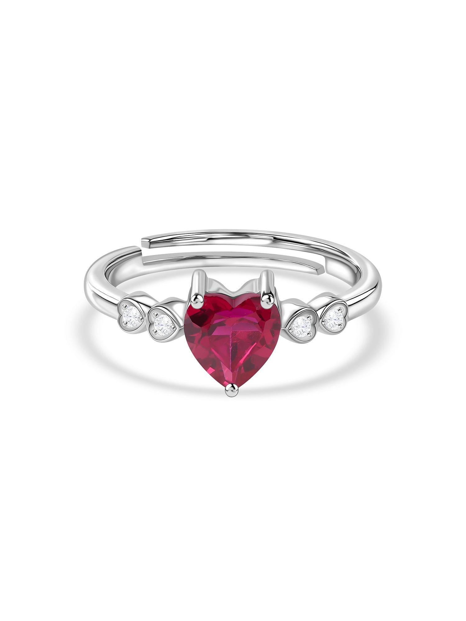 Red Ruby CZ Silver Heart Adjustable Ring for Women