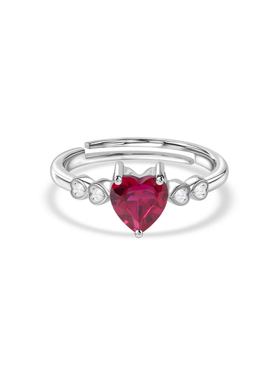 Red Ruby CZ Silver Heart Adjustable Ring for Women