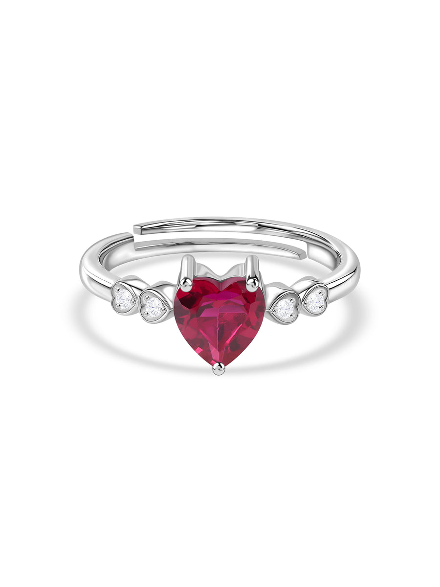 Red Ruby CZ Silver Heart Adjustable Ring for Women