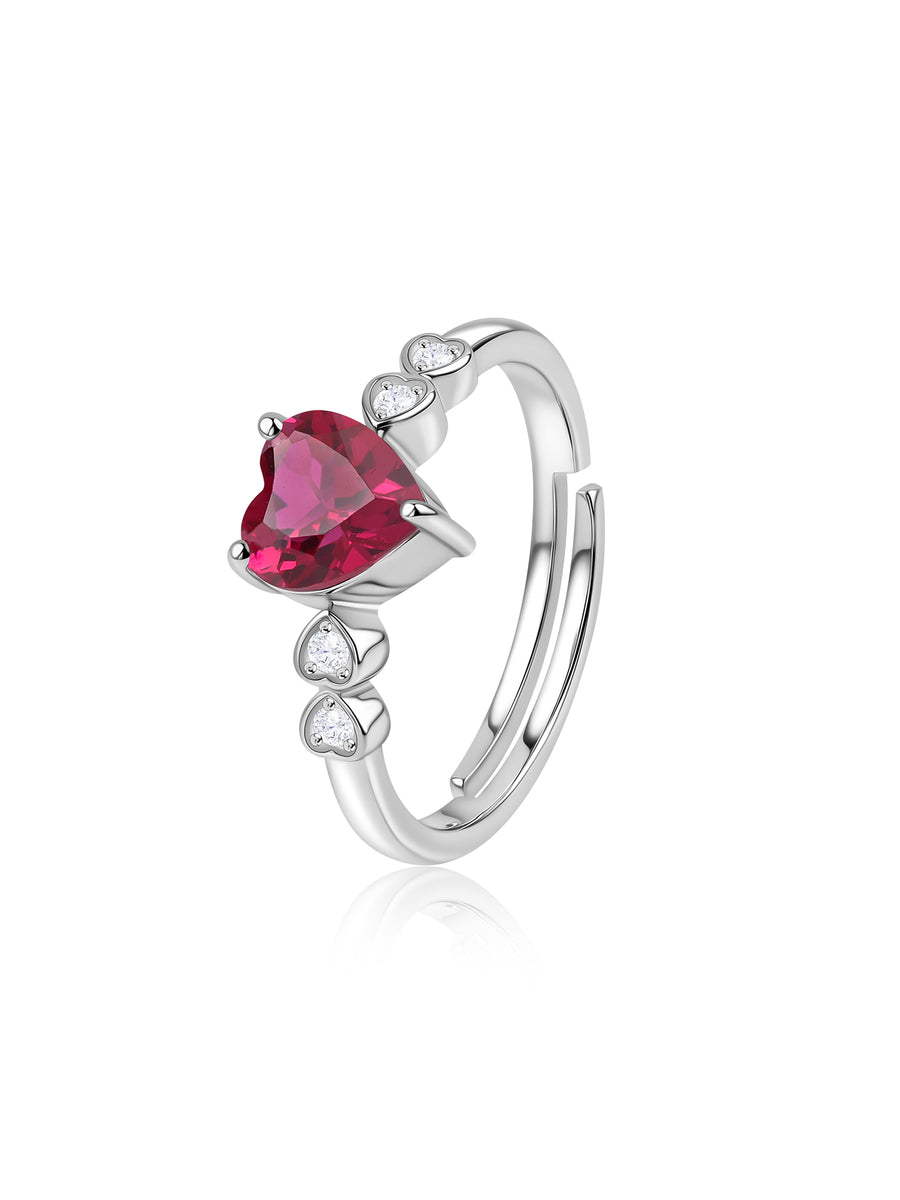 Red Ruby CZ Silver Heart Adjustable Ring for Women