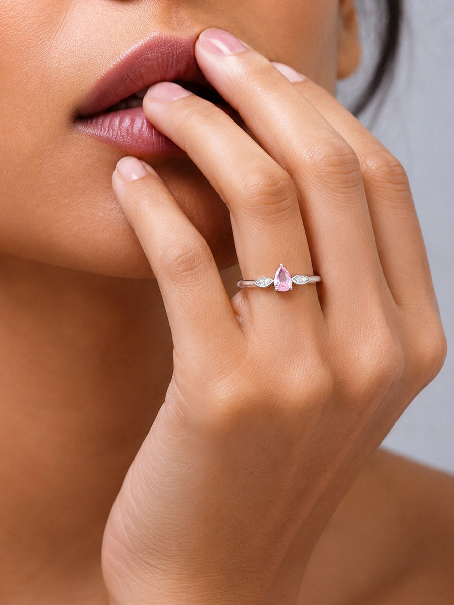 Pear Drop Pink CZ Stone Silver Ring for Women