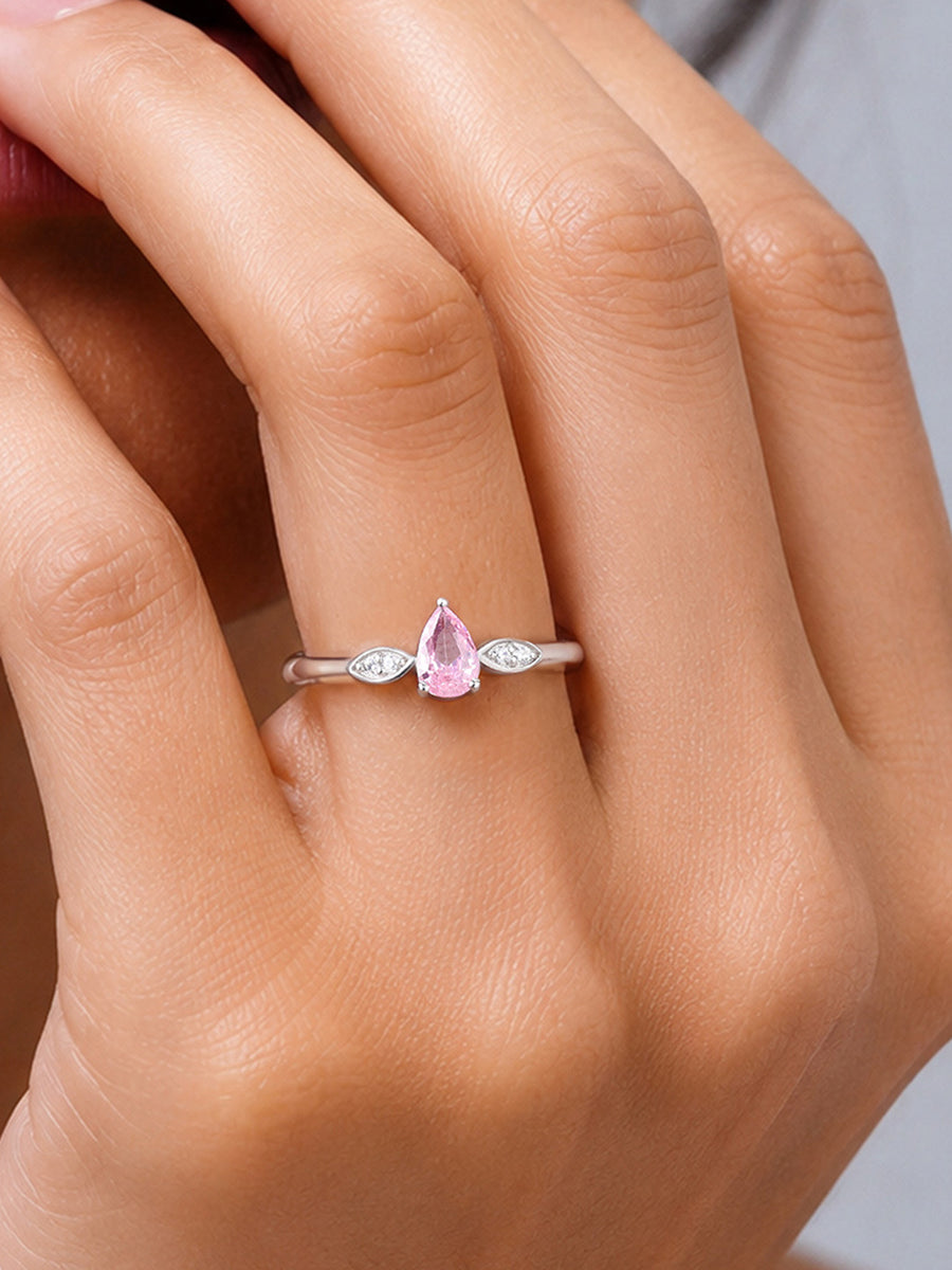 Pear Drop Pink CZ Stone Silver Ring for Women