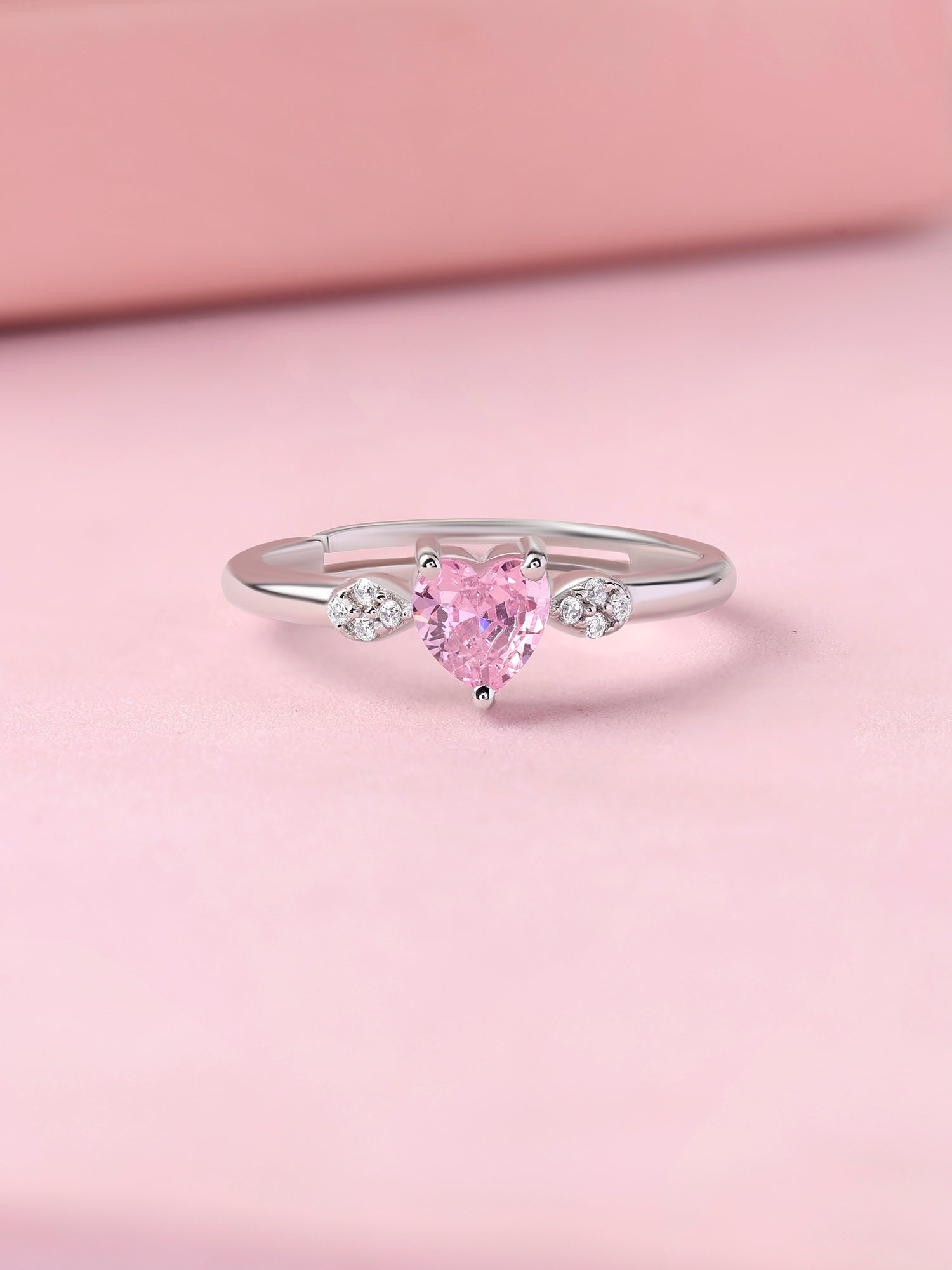 Pink CZ Heart Solitaire Silver Adjustable Ring for Women