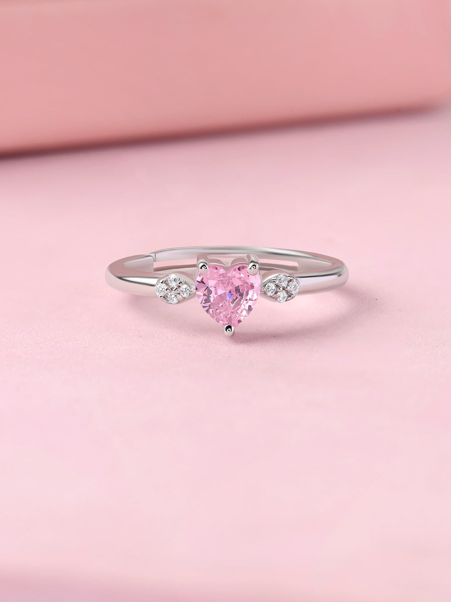 Pink CZ Heart Solitaire Silver Adjustable Ring for Women