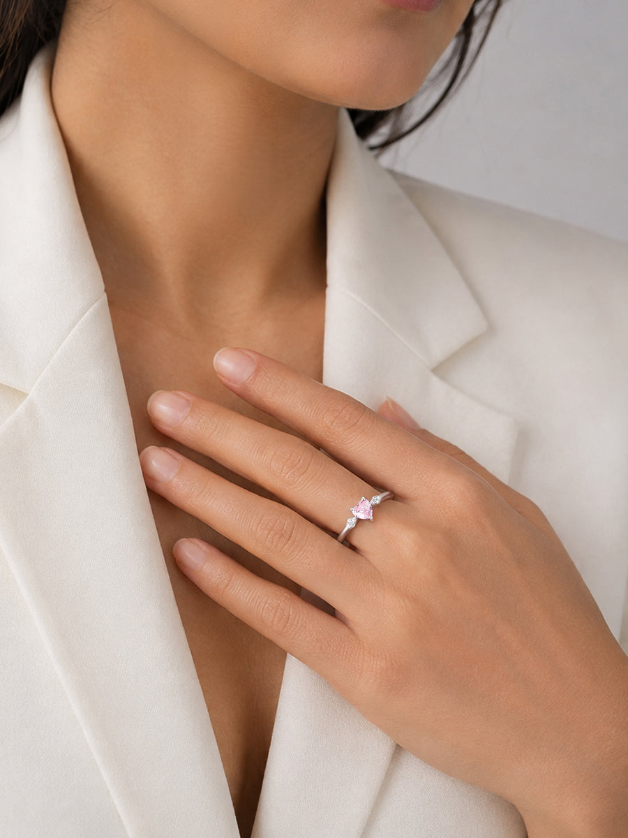 Pink CZ Heart Solitaire Silver Adjustable Ring for Women