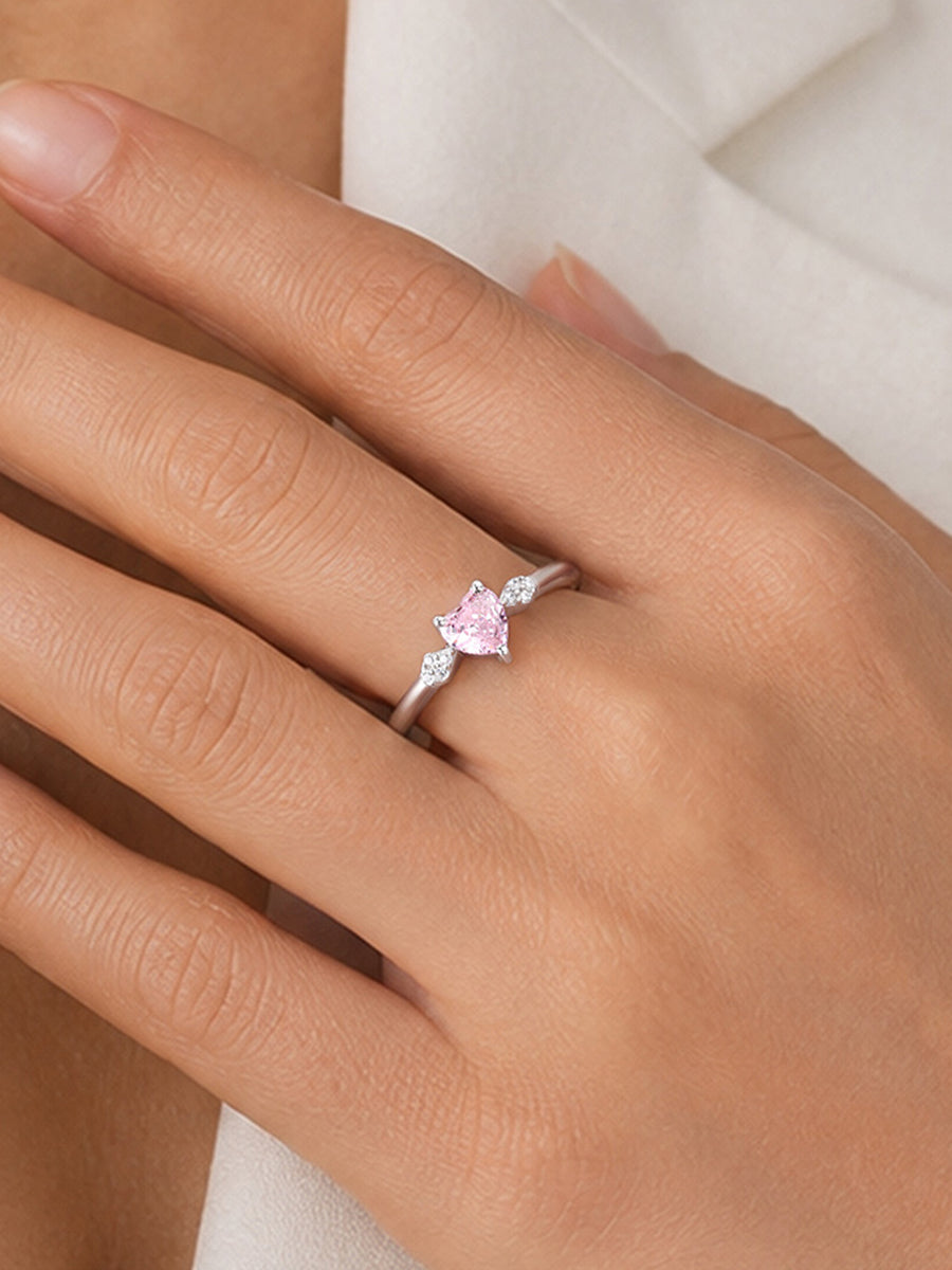 Pink CZ Heart Solitaire Silver Adjustable Ring for Women