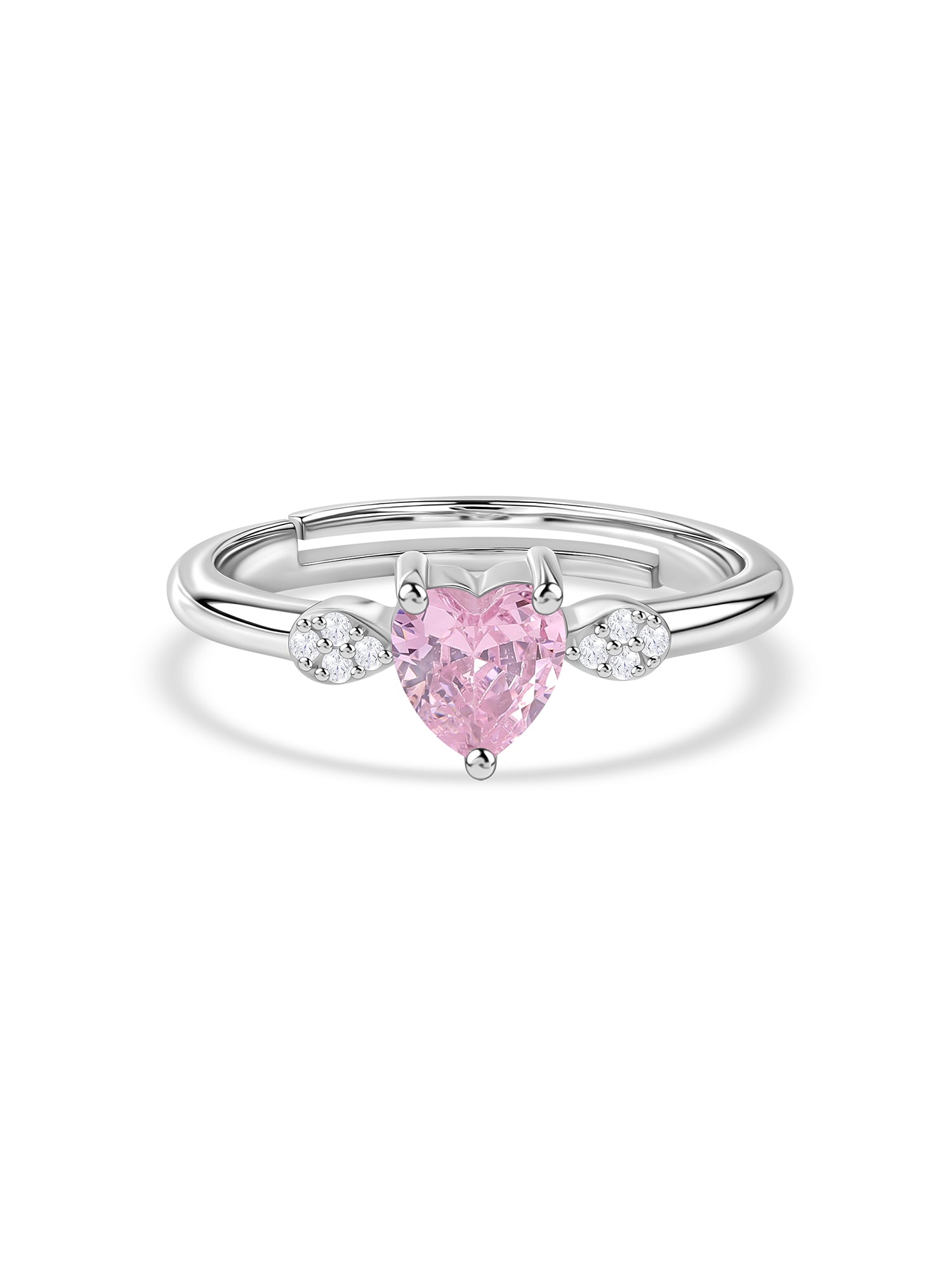 Pink CZ Heart Solitaire Silver Adjustable Ring for Women