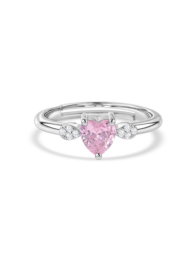 Pink CZ Heart Solitaire Silver Adjustable Ring for Women