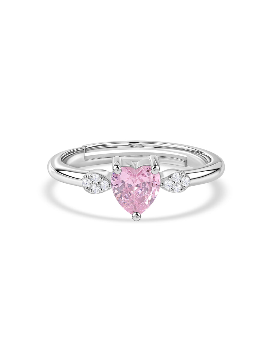 Pink CZ Heart Solitaire Silver Adjustable Ring for Women
