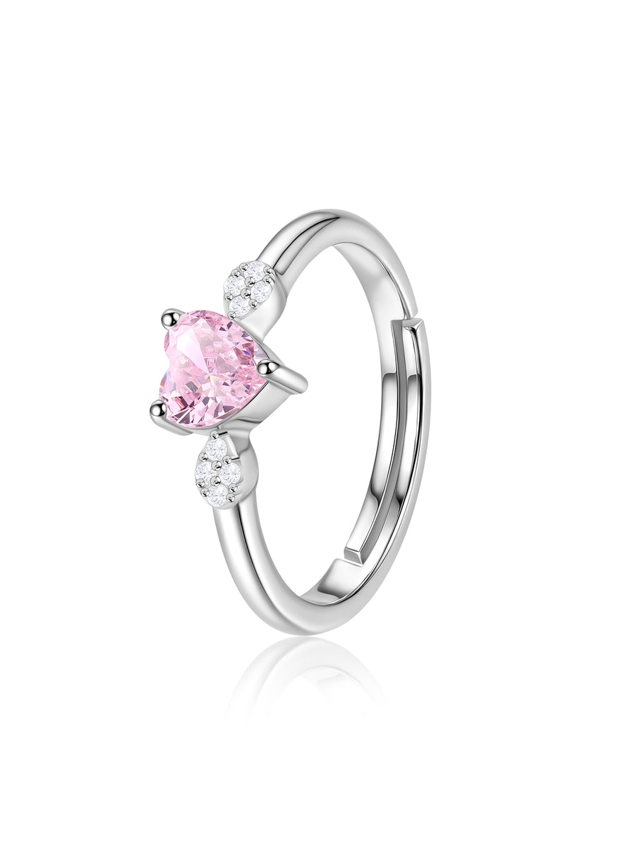 Pink CZ Heart Solitaire Silver Adjustable Ring for Women