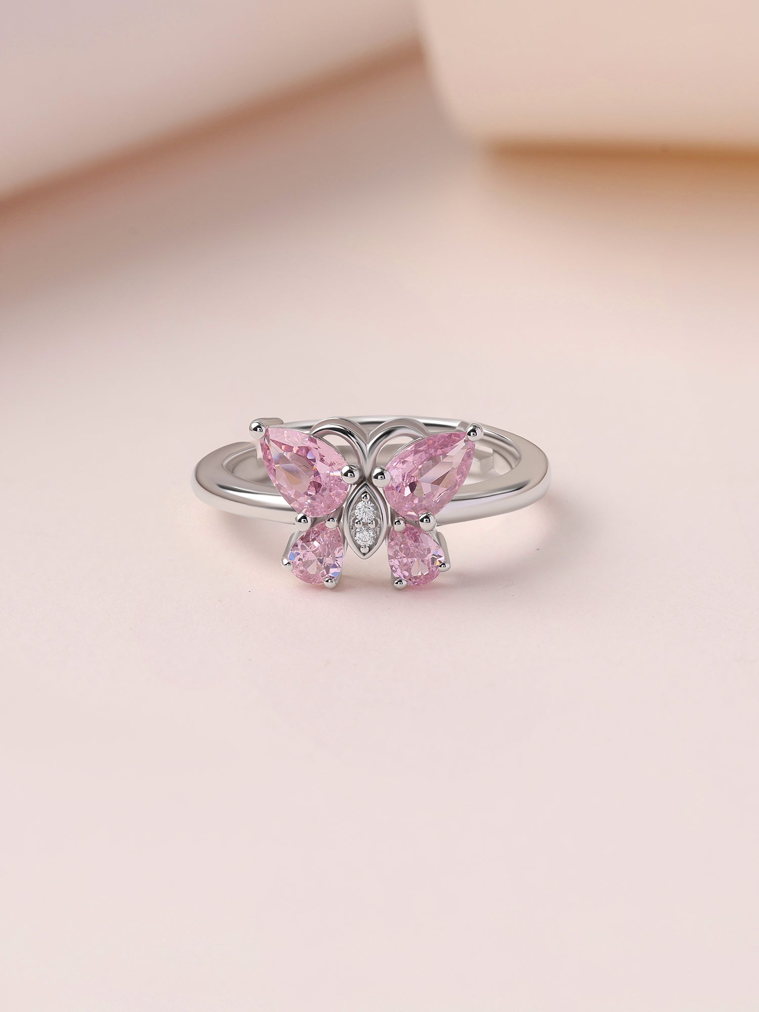 Butterfly Pink CZ Stone Silver Adjustable Ring for Women