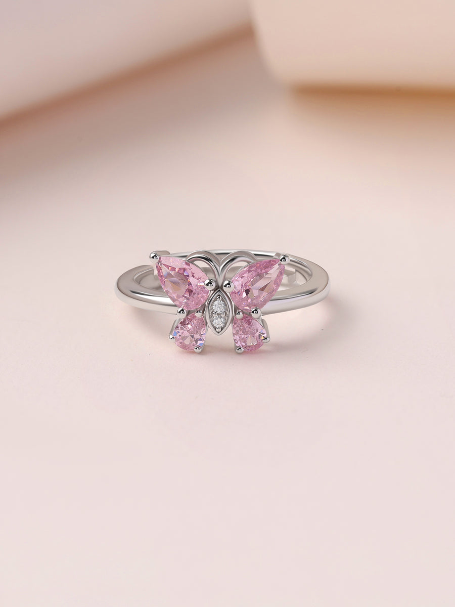 Butterfly Pink CZ Stone Silver Adjustable Ring for Women