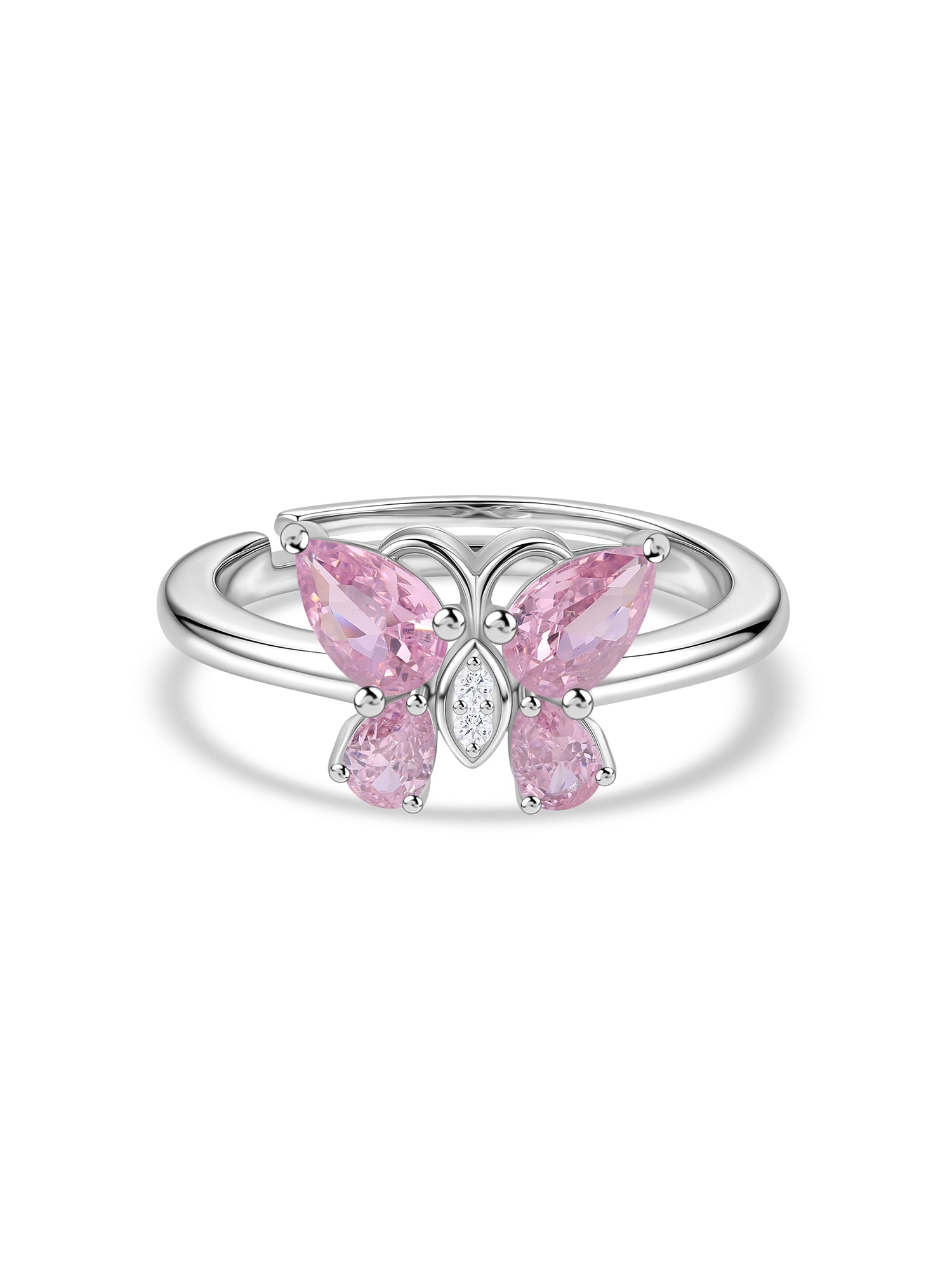 Butterfly Pink CZ Stone Silver Adjustable Ring for Women