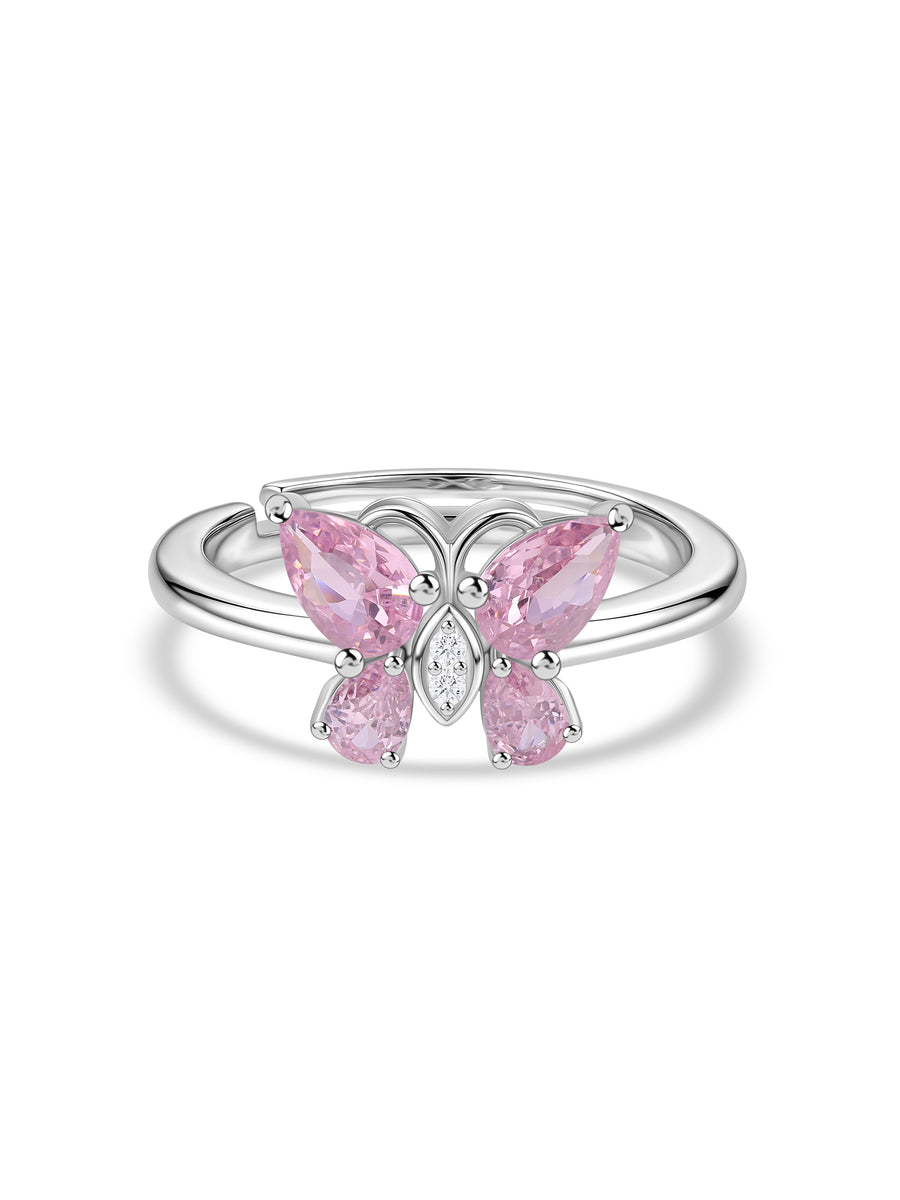 Butterfly Pink CZ Stone Silver Adjustable Ring for Women