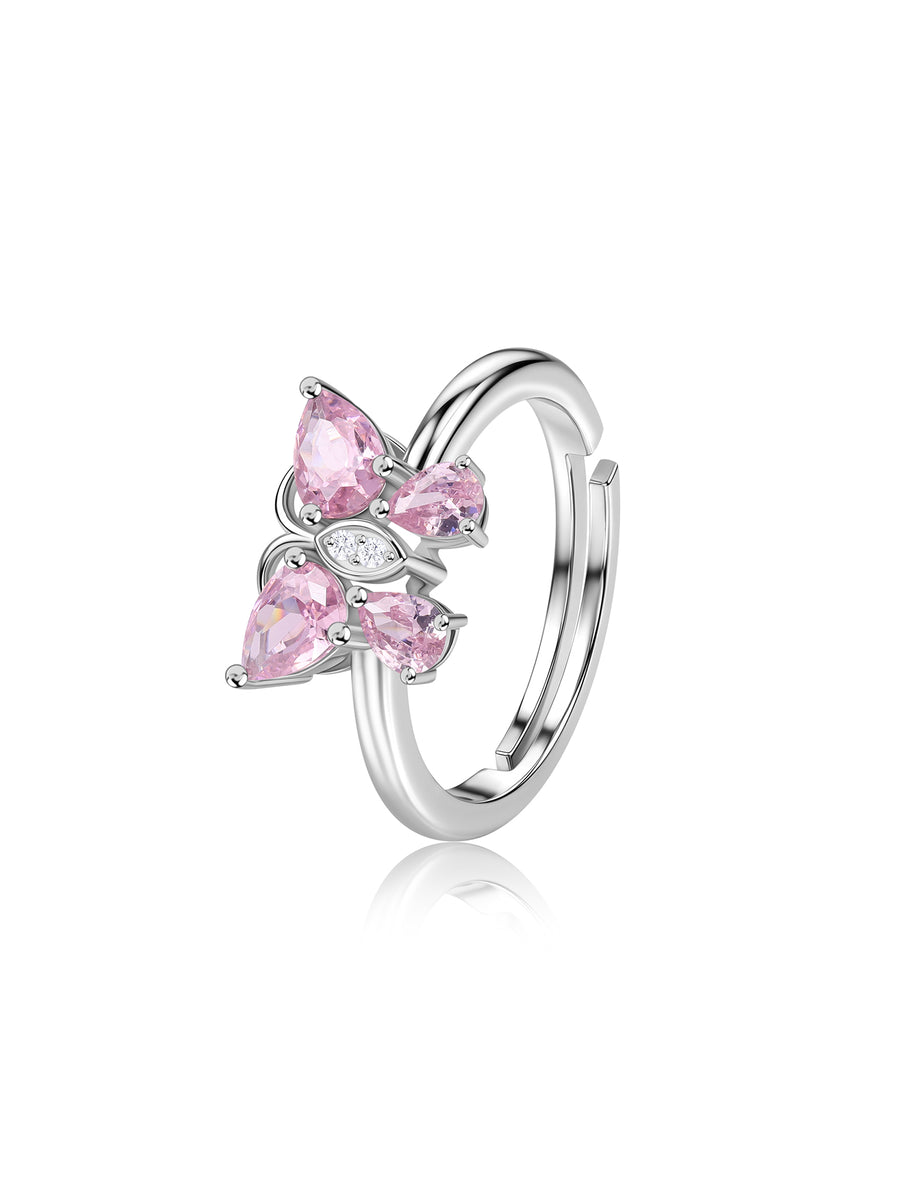 Butterfly Pink CZ Stone Silver Adjustable Ring for Women