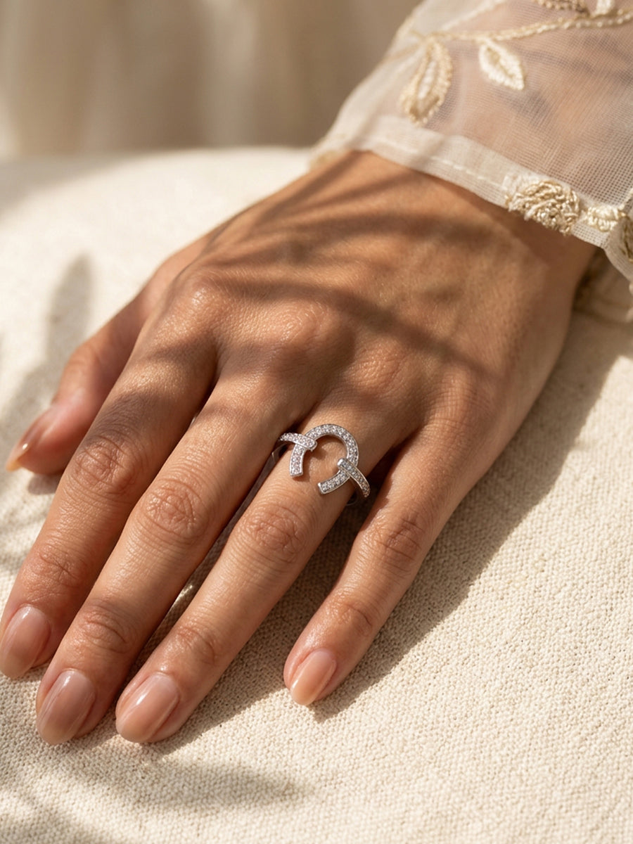 Twisted Spark American Diamond horseshoe Silver Ring