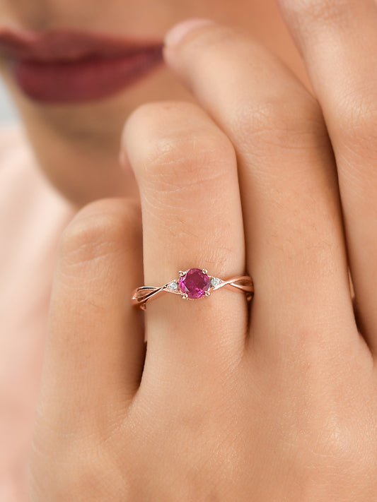 Rose Gold Red Ruby Criss Cross Solitaire Adjustable Ring