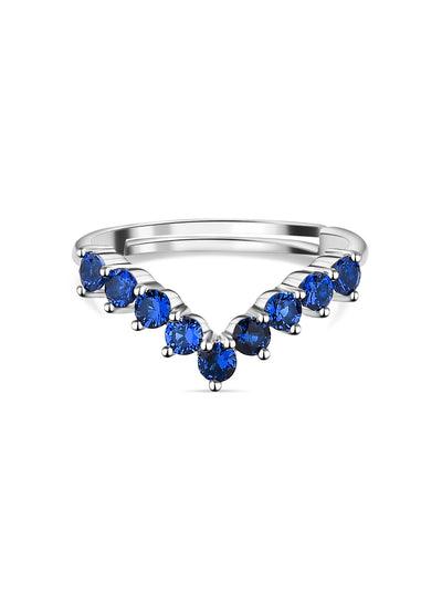Blue Sapphire CZ Chevron Silver Adjustable Ring