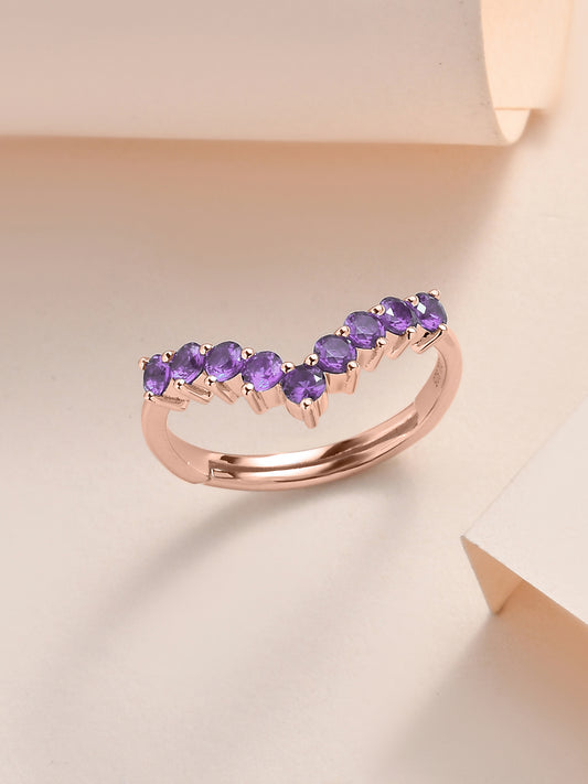 Rose Gold Amethyst CZ Adjustable Chevron Ring For Her