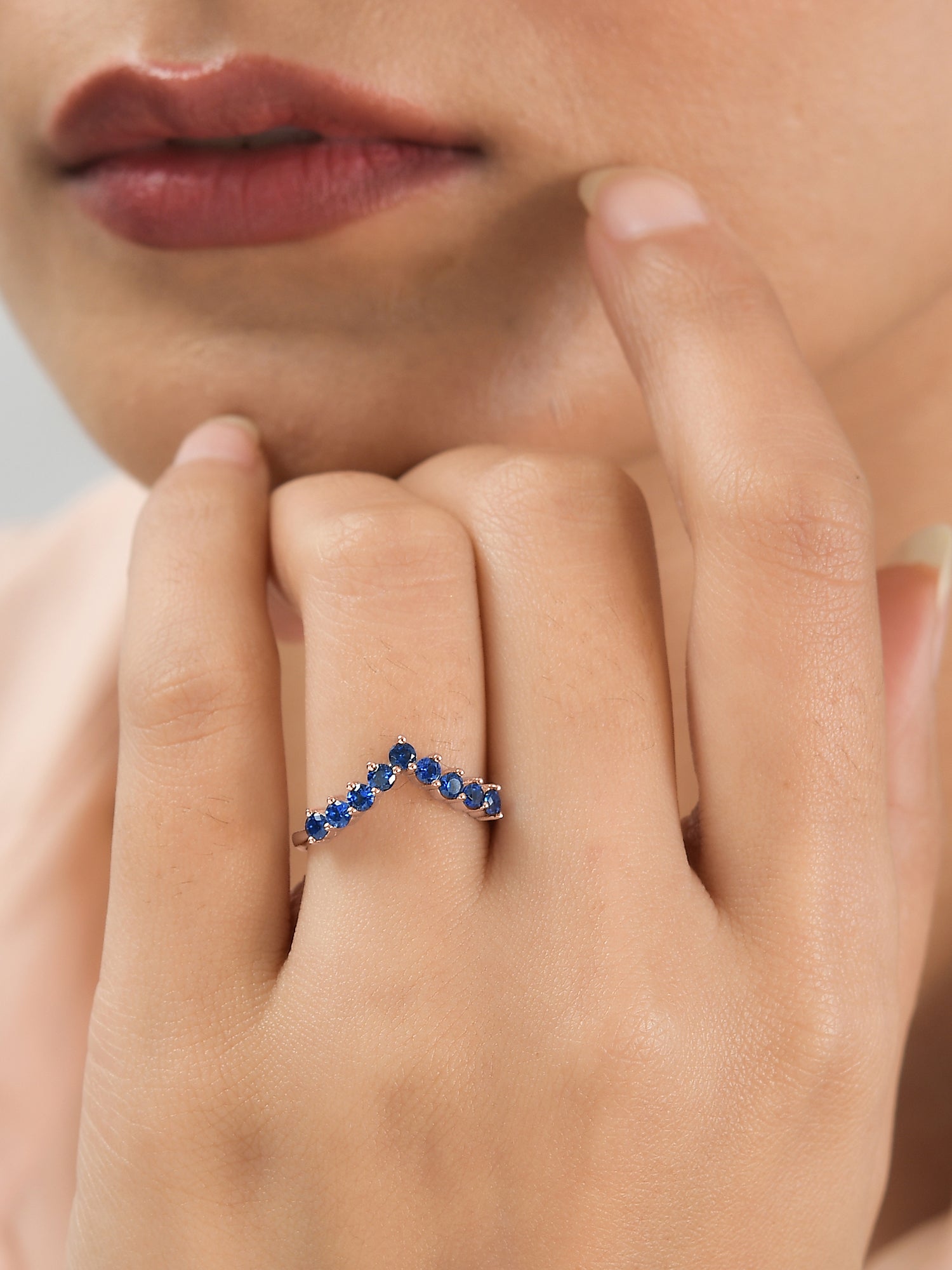 Rose Gold Lab Created Blue Sapphire Adjustable Chevron Ring In 925 Silver