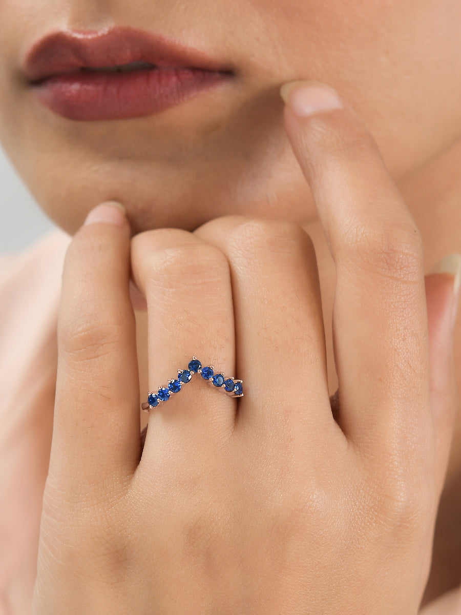 Rose Gold Lab Created Blue Sapphire Adjustable Chevron Ring In 925 Silver